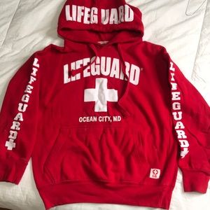 Red lifeguard hoodie.